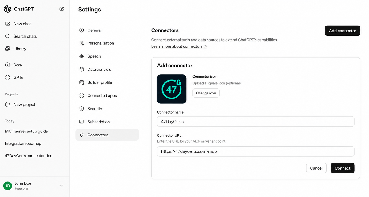 ChatGPT Add connector form with the 47DayCerts URL