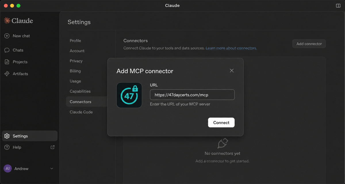 Claude Add MCP connector dialog with the 47DayCerts URL